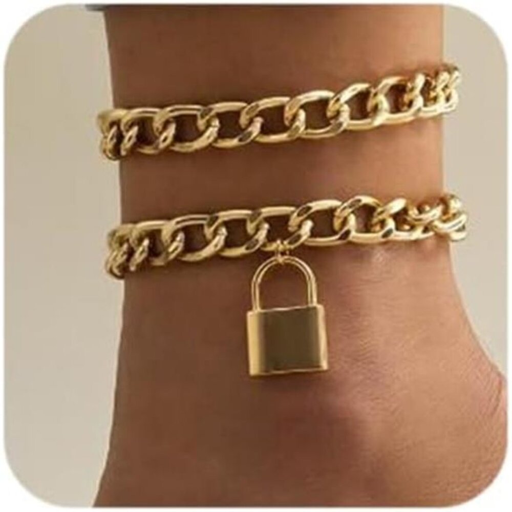 Boho Dainty Lock Anklet Bangles Stackable Chain Bracelet Set Chunky